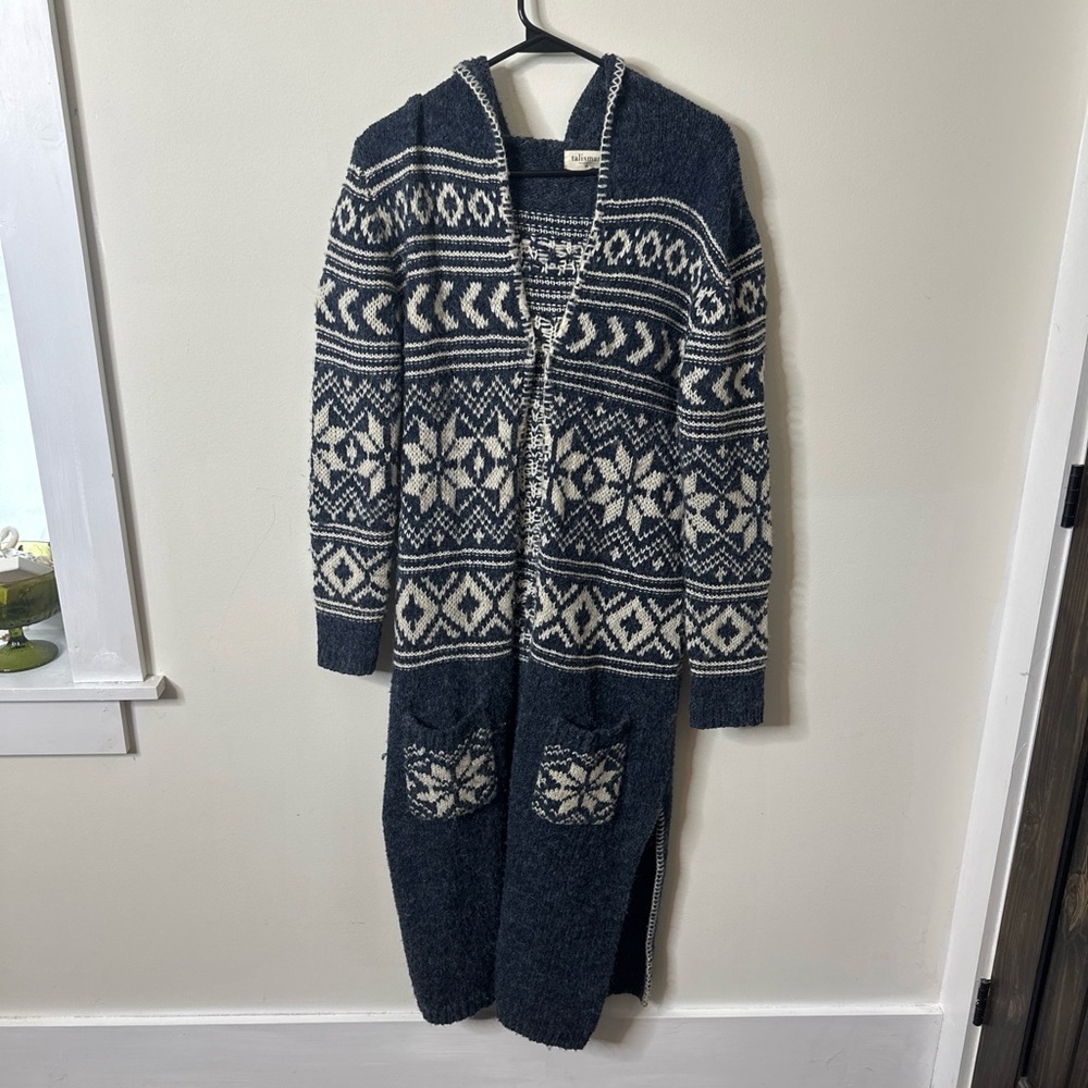 Navy and White Patterned Long Cardigan